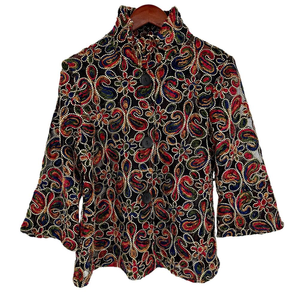 DAMEE Sz Medium Formal Red Gold Wearable Art Jacket Shirt Top Blouse Christmas